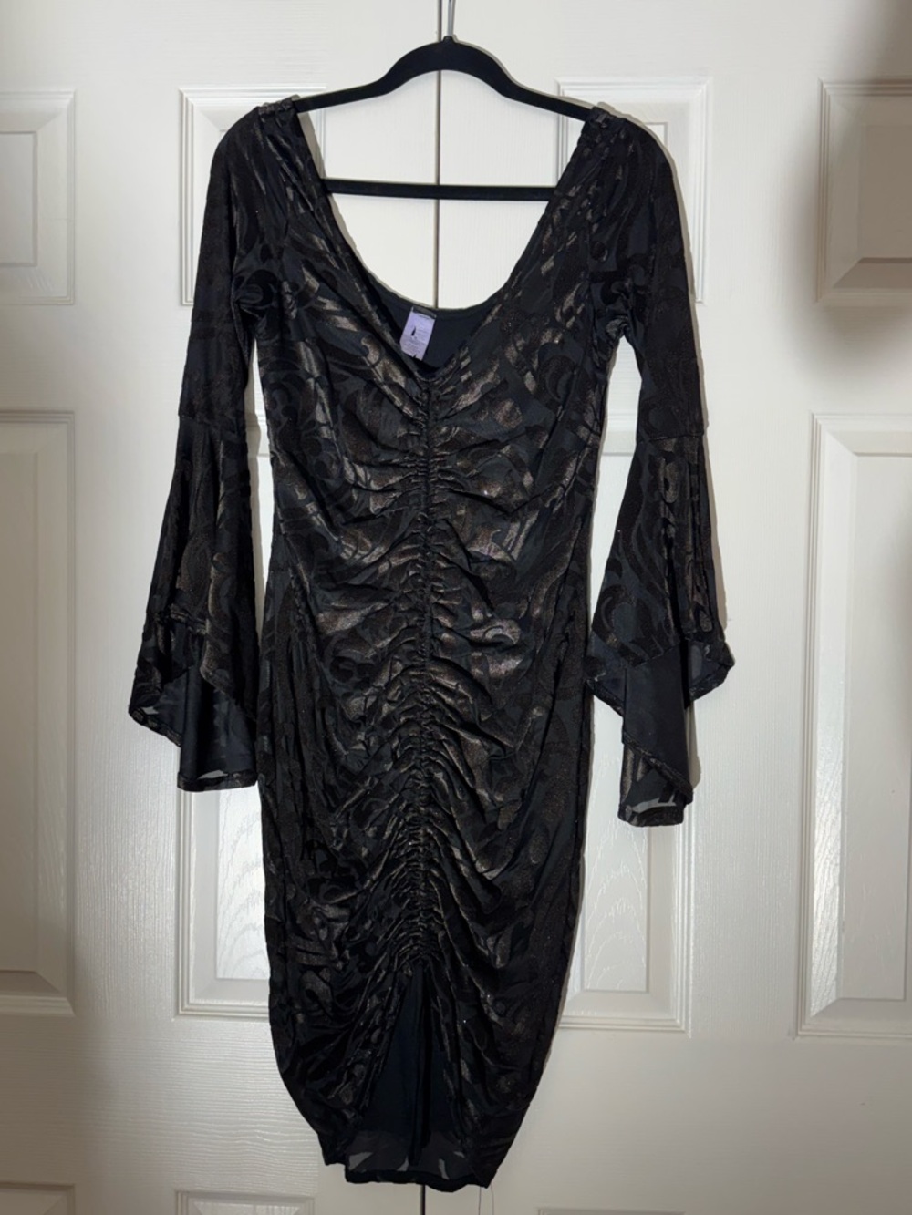 Black Ruched Scoop-Neck Dress with Bell Sleeves
